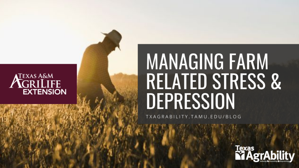 Managing farm related stress & depression graphic. Man standing in wheat field looking down at sunset.