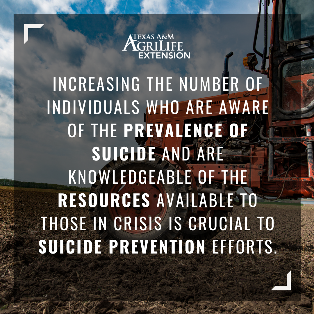 Photo of tractor in bare soil field.  Reads "Increasing the number of individuals who are aware of he prevalence of suicide and are knowledgeable of the resources available to those in crisis is crucial to suicide prevention efforts."